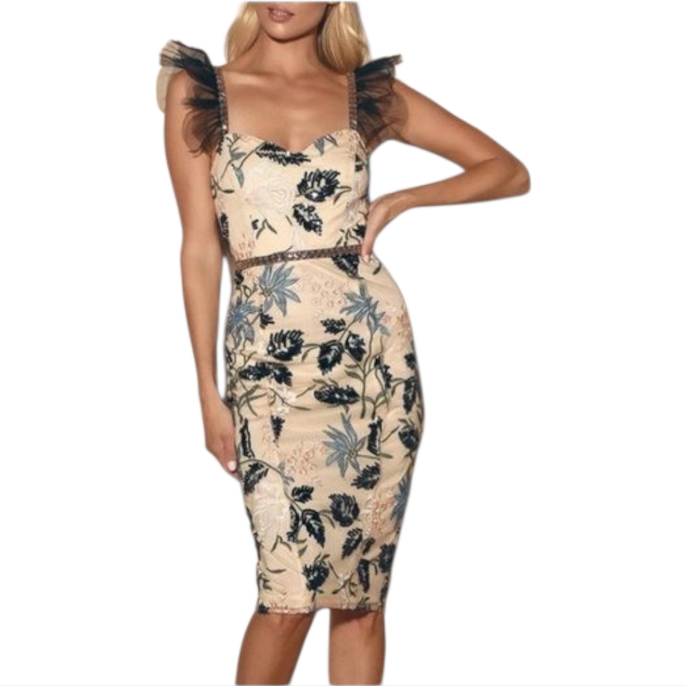 Lulus NWOT Showstopper Cream Embroidered Sequined Bodycon Midi Dress Size XS